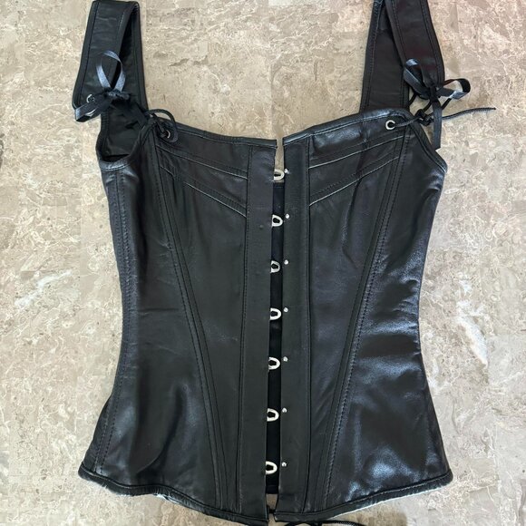 Alter Ego Corset Black Leather Lambskin Steel Boned Lace Up Bustier Size 22 - Picture 1 of 11
